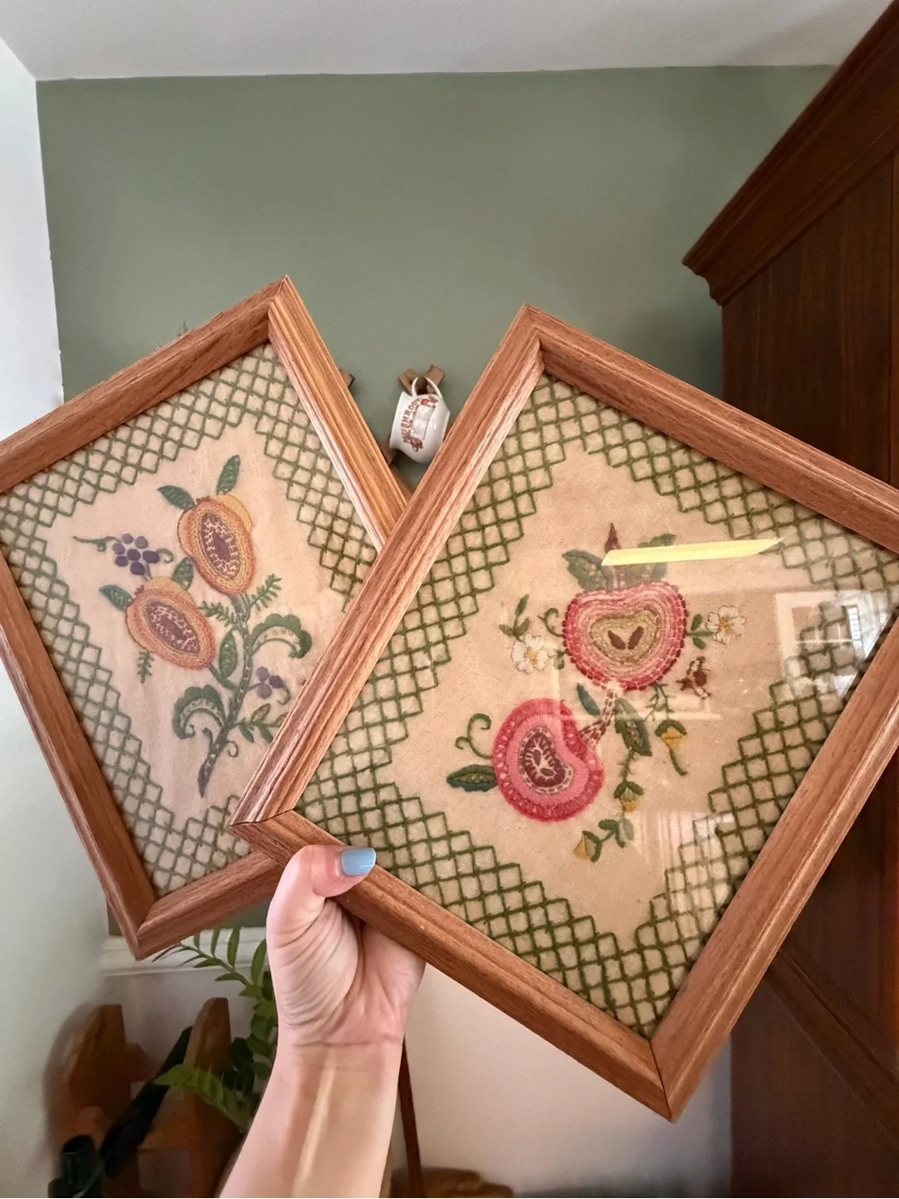 Handcrafted Floral Needlepoint Wall Art Pair - Oak Frames, Green and Pink